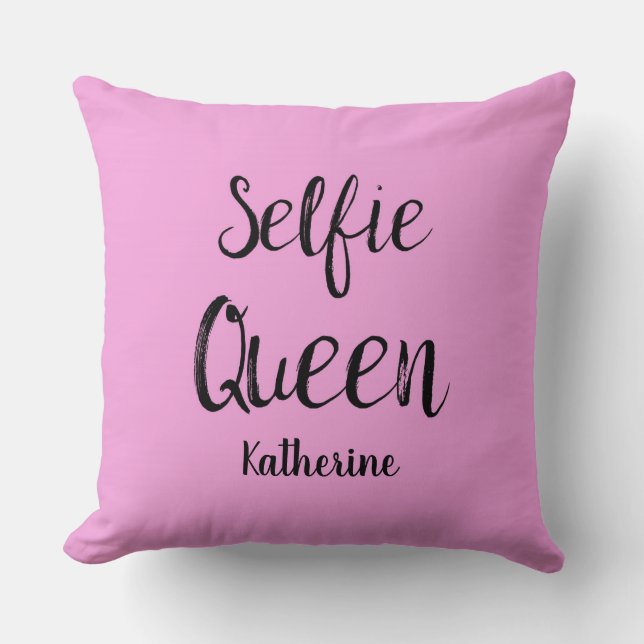 Selfie Queen Name Personalized Pink Throw Pillow (Front)