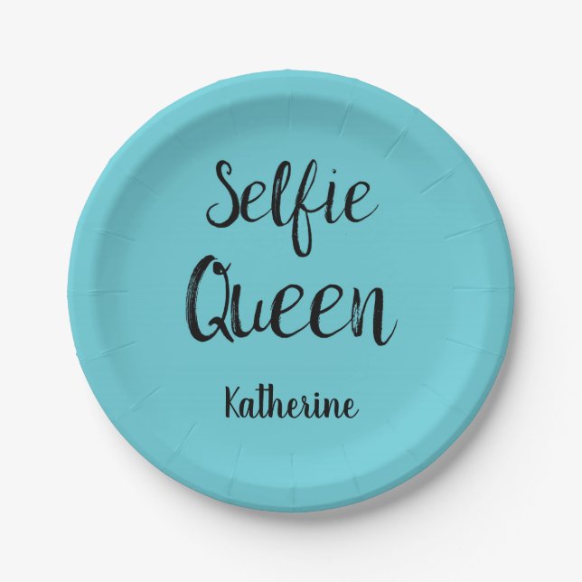 Selfie Queen Name Personalized Turquoise Teal Blue Paper Plate (Front)
