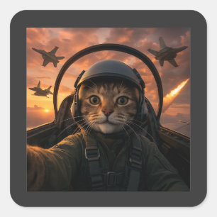 Selfie Squad Cat Funny Fighter Pilot Meme Cat Gen  Square Sticker