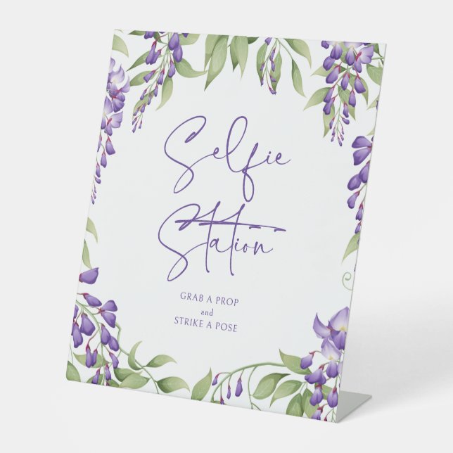 Selfie Station Purple Floral Script Wedding Pedestal Sign (Front)