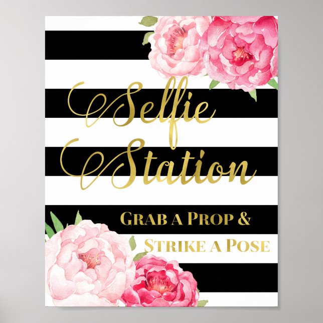 Selfie Station Sign Pink Floral Gold Black Stripes (Front)
