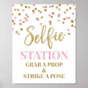 Selfie Station Wedding Sign Gold Pink Confetti