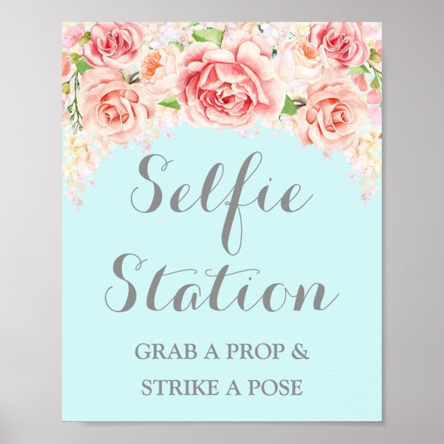 Selfie Station Wedding Sign Pink Watercolor Blue (Front)