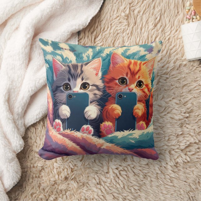 Selfie Time – Cute Kittens with Phones Throw Pillow (Blanket)