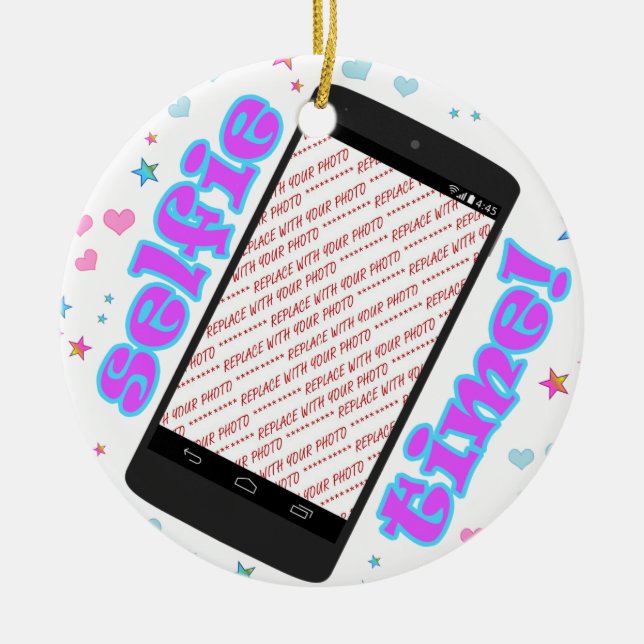 Selfie Time! Phone Shape Photo Frame Ceramic Ornament (Front)