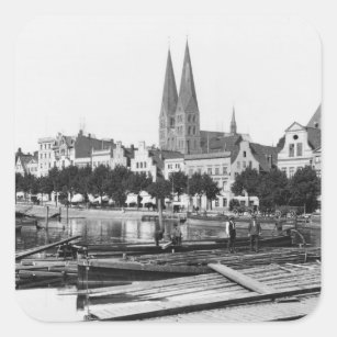 Selling wood on the River Trave, Lubeck, c.1910 Square Sticker