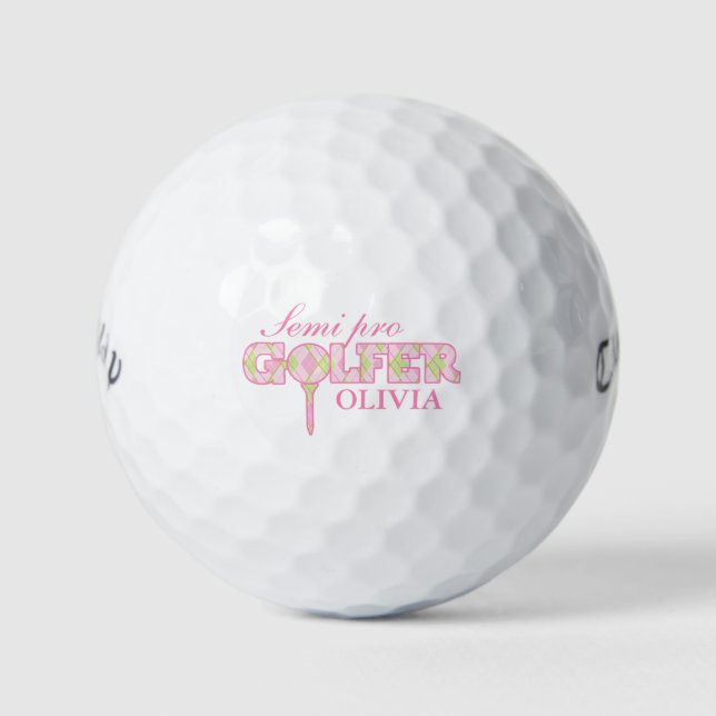 Semi pro golfer pink plaid personalized golf balls (Front)