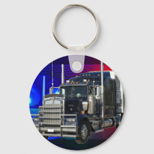 SEMI TRACTOR TRAILER WITH POLICE LIGHTS BACKGROUND KEYCHAIN