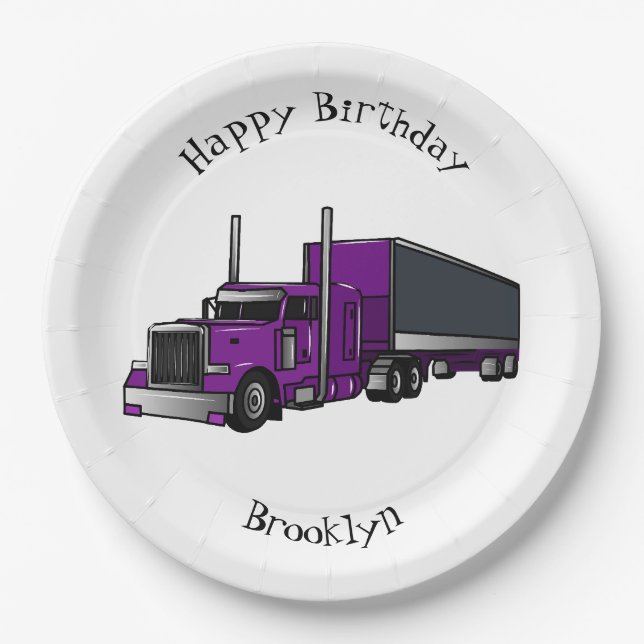 Semi-trailer truck cartoon illustration paper plate (Front)