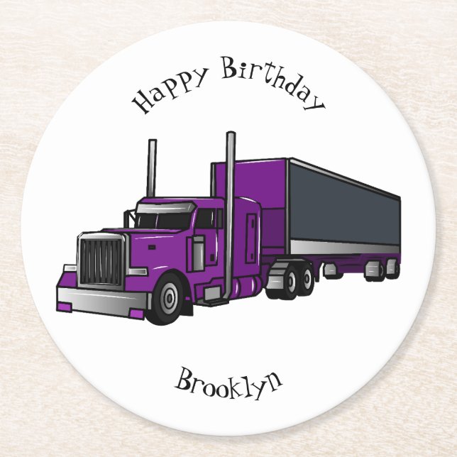 Semi-trailer truck cartoon illustration round paper coaster (Front)