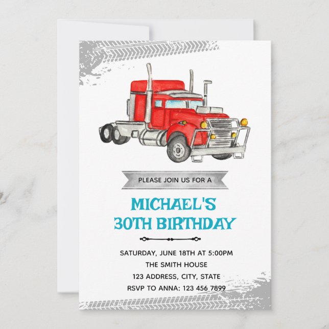 Semi truck birthday party invitation (Front)