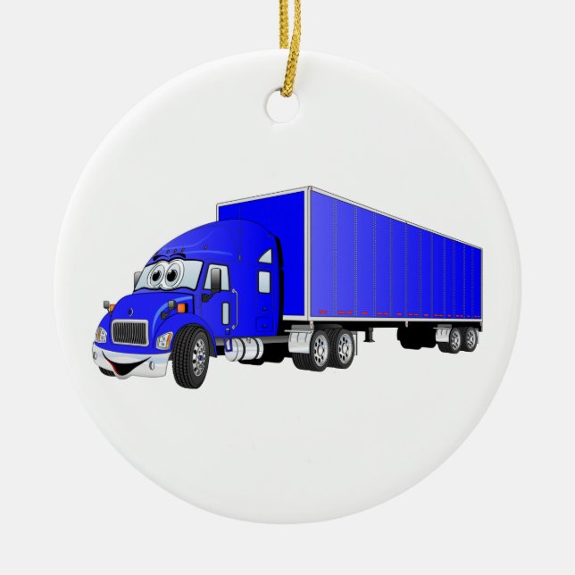 Semi Truck Blue Trailer Cartoon Ceramic Ornament (Front)
