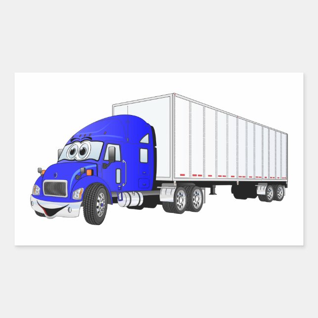 Semi Truck Blue White Trailer Cartoon Sticker (Front)