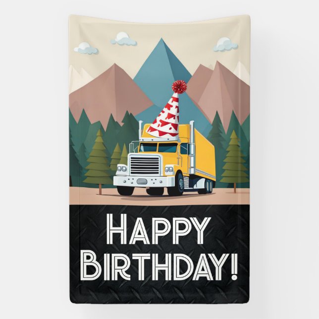 Semi Truck Happy Birthday Party Cool Transport Banner (Vertical)