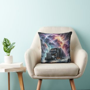 Semi Truck in a Vibrant Lightning Storm Throw Pillow