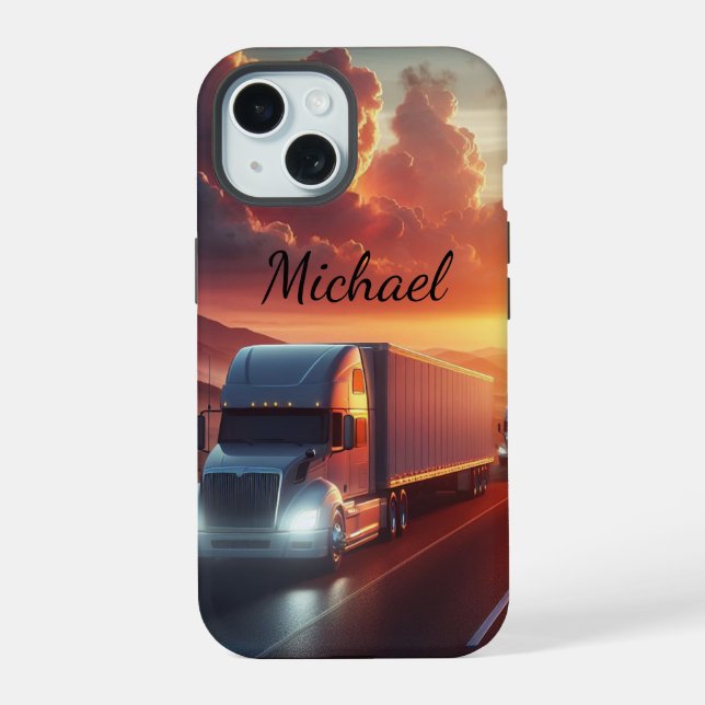 Semi truck Long Distance Lorry Custom Name iPhone 15 Case (Back)