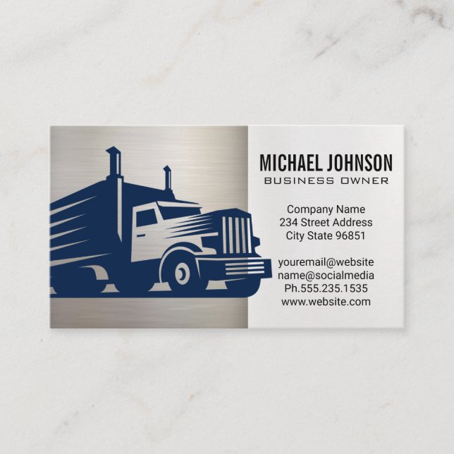 Semi Truck Moving | Metallic | Blue Collar Driver Business Card (Front)