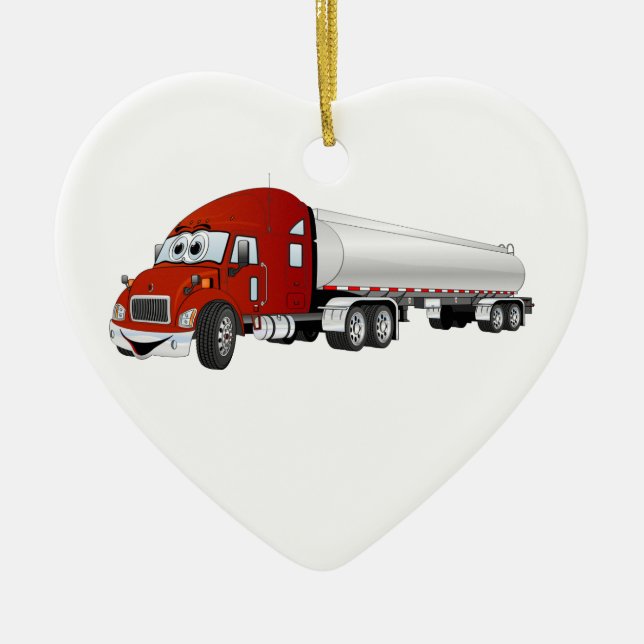 Semi Truck Red Silver Tanker Trailer Cartoon Ceramic Ornament (Front)