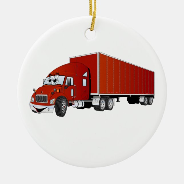 Semi Truck Red Trailer Cartoon Ceramic Ornament (Front)