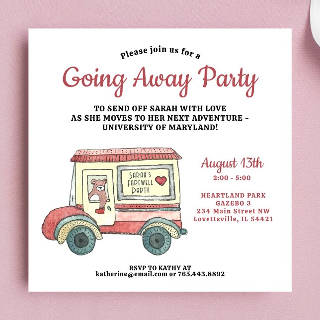 Send Off With Love Going Away Farewell Party Invitation (Illustration features a cute watercolor vintage mail truck with bear.)