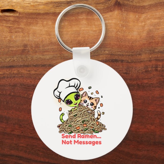 Send Ramen Not Messages Alien Chef Cat Keychain (Front)