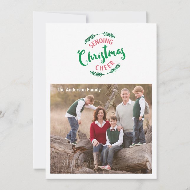 Sending Christmas Cheer & Pine Branches, Photo Holiday Card (Front)