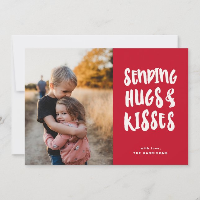 Sending Hugs Red White Valentine's Day Photo Holiday Card (Front)