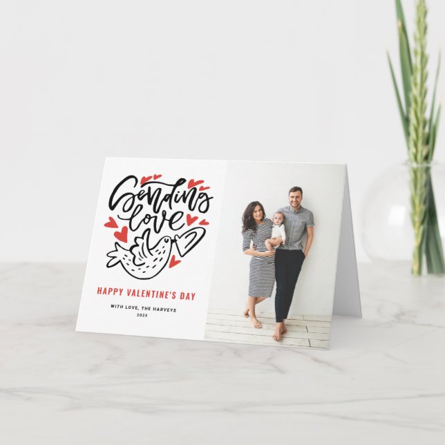 Sending Love Calligraphy Valentine's Day Photo Holiday Card (Front)