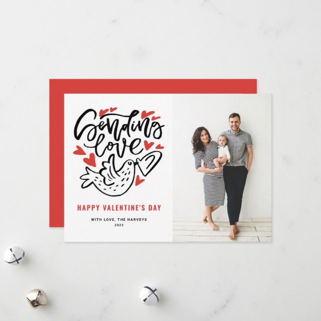 Sending Love Calligraphy Valentine's Day Photo Holiday Card (Front/Back In Situ)