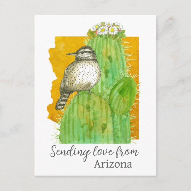 Sending Love From Arizona Saguaro Cactus Wren Postcard (Front)
