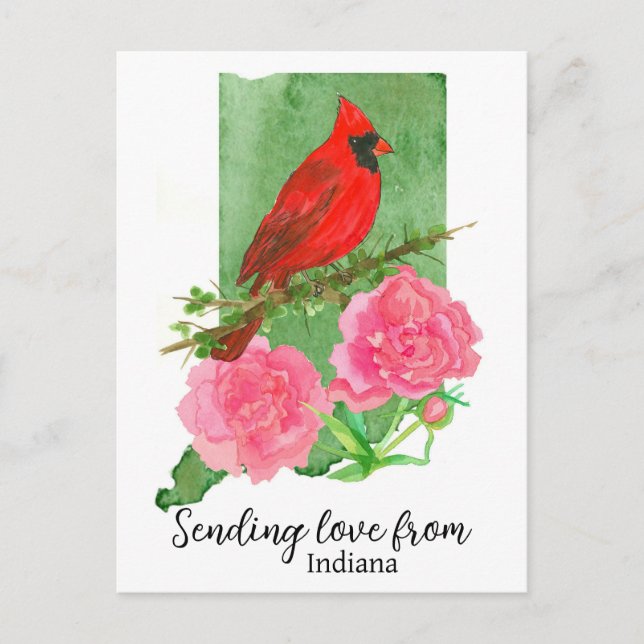 Sending Love From Indiana Cardinal Pink Peonies Postcard (Front)