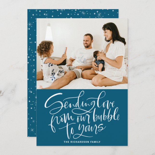 Sending Love from Our Bubble to Yours Blue Photo Holiday Card (Front/Back)