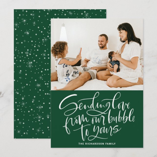 Sending Love from Our Bubble to Yours Green Photo Holiday Card (Front/Back)