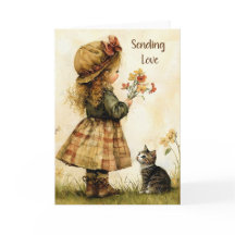 Sending Love Little Girl with Cat Vintage Style