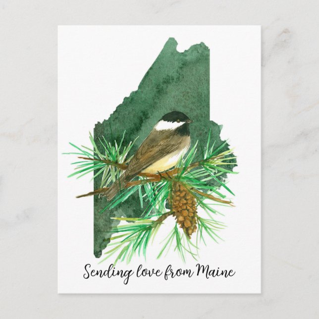 Sending Love Maine Chickadee Pinecone Tassel Postcard (Front)