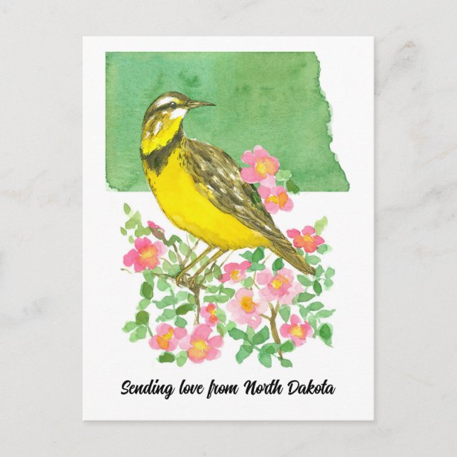 Sending Love North Dakota Meadowlark Roses Postcard (Front)