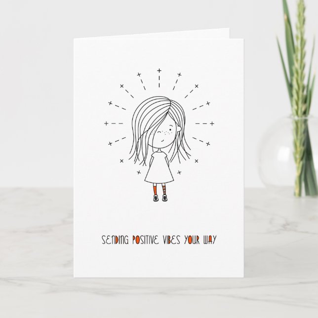 Sending Positive Vibes Your Way Cute Cartoon Girl Card (Front)