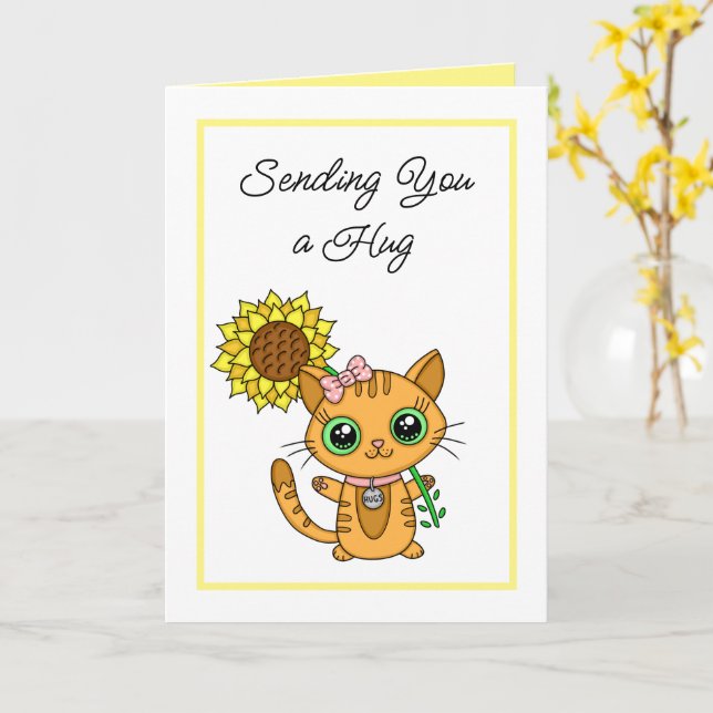 Sending you a Hug | Cute Kitten and Sunflower Card (Yellow Flower)