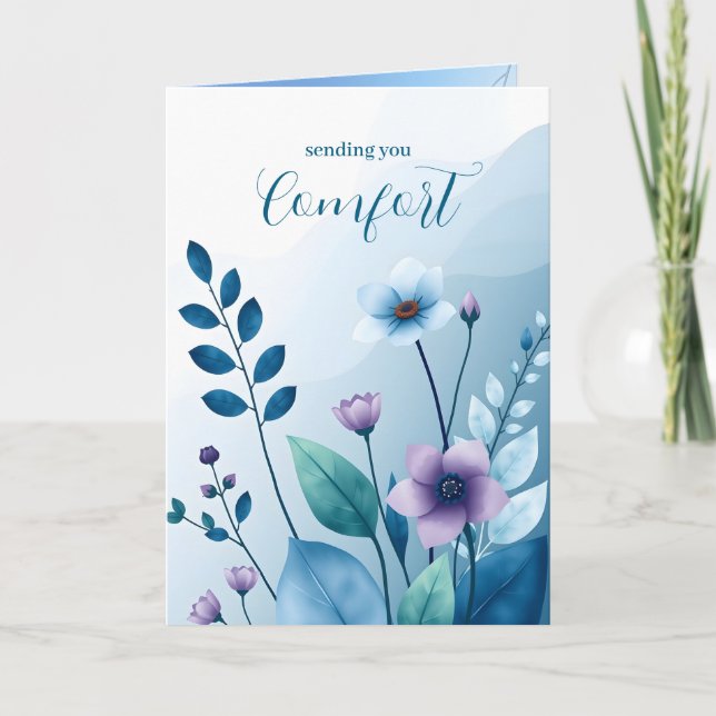 Sending you Comfort Blue Flower Leaves Sympathy Card (Front)
