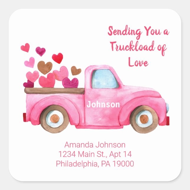 Sending You Love Hearts & Truck Pink Watercolor Square Sticker (Front)