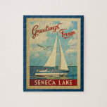 Seneca Lake Sailboat Vintage Travel New York Jigsaw Puzzle<br><div class="desc">This Greetings From Seneca Lake New York vintage travel nautical design features a boat sailing on the water with seagulls and a blue sky filled with gorgeous puffy white clouds.</div>