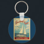 Seneca Lake Sailboat Vintage Travel New York Keychain<br><div class="desc">This Greetings From Seneca Lake New York vintage travel nautical design features a boat sailing on the water with seagulls and a blue sky filled with gorgeous puffy white clouds.</div>
