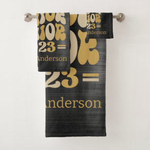 SENIOR 2023 BLACK & GOLD GLITTER DRIP CUSTOM BATH TOWEL SET