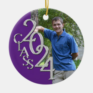 Senior 2024 Purple and Silver Graduate Photo Ceramic Ornament