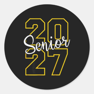 Senior 2027 graduation varsity black and yellow on classic round sticker