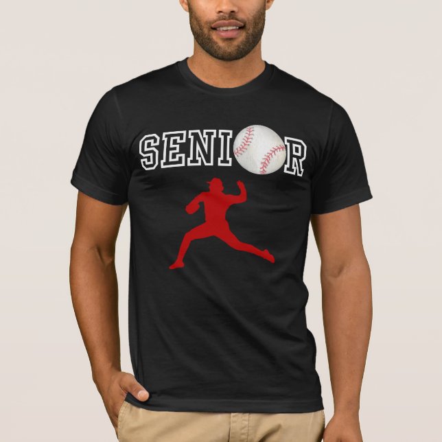 Senior Baseball Pitcher Player Red Silhouette T-Shirt (Front)