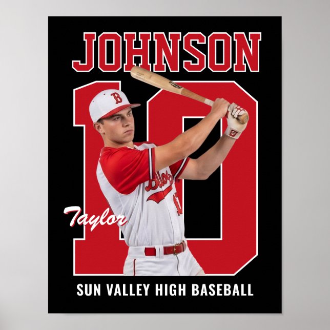 Senior Baseball Player Number Custom Photo Red Poster (Front)