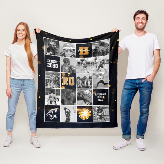 Senior Cheer Team Custom Photo Black Gold Fleece Blanket (In Situ)
