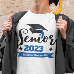 Senior class of 2022 graduation year name T-Shirt<br><div class="desc">Celebrate your senior and graduation year with this modern t-shirt featuring a contemporary "Senior 2022" typography in black and blue decorated with a black graduate cap with a blue tassel; easily customize this t-shirt with your graduation year and name by editing the template fields. This t-shirt is part of our...</div>
