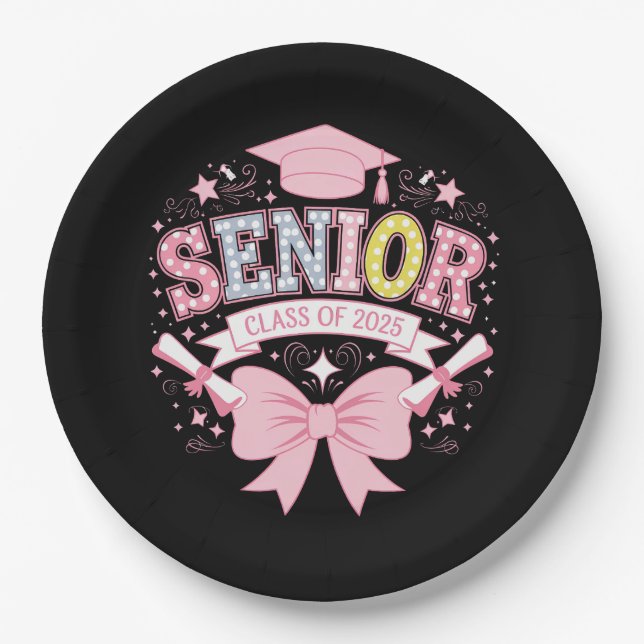 Senior Class Of 2025 Graduation Pink Coquette Bow Paper Plate (Front)